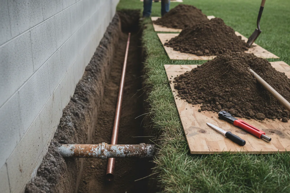 Excavated water line trench during Water Softener Installation in Griffith